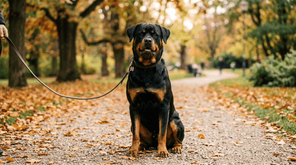 Balanced well-mannered rottweiler displaying calm obedient behavior