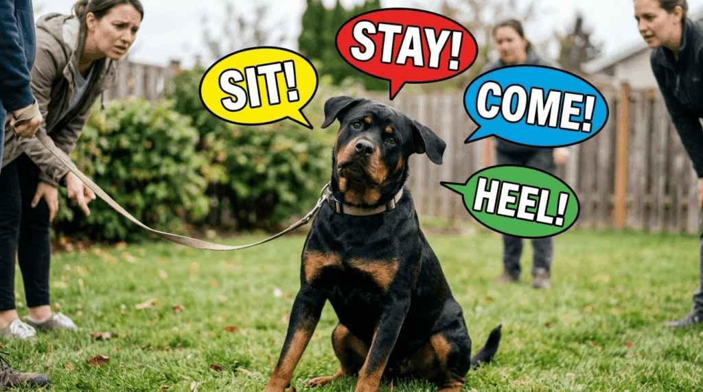Confused rottweiler trying to understand inconsistent training commands.