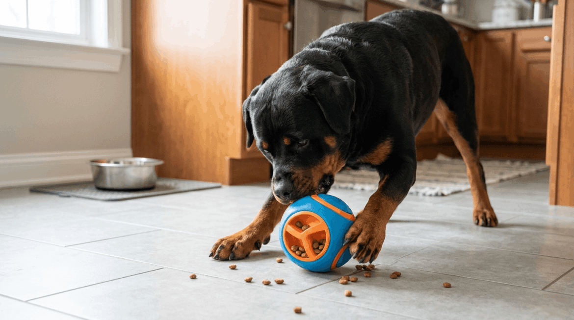 Rottweiler using puzzle feeder to prevent overeating
