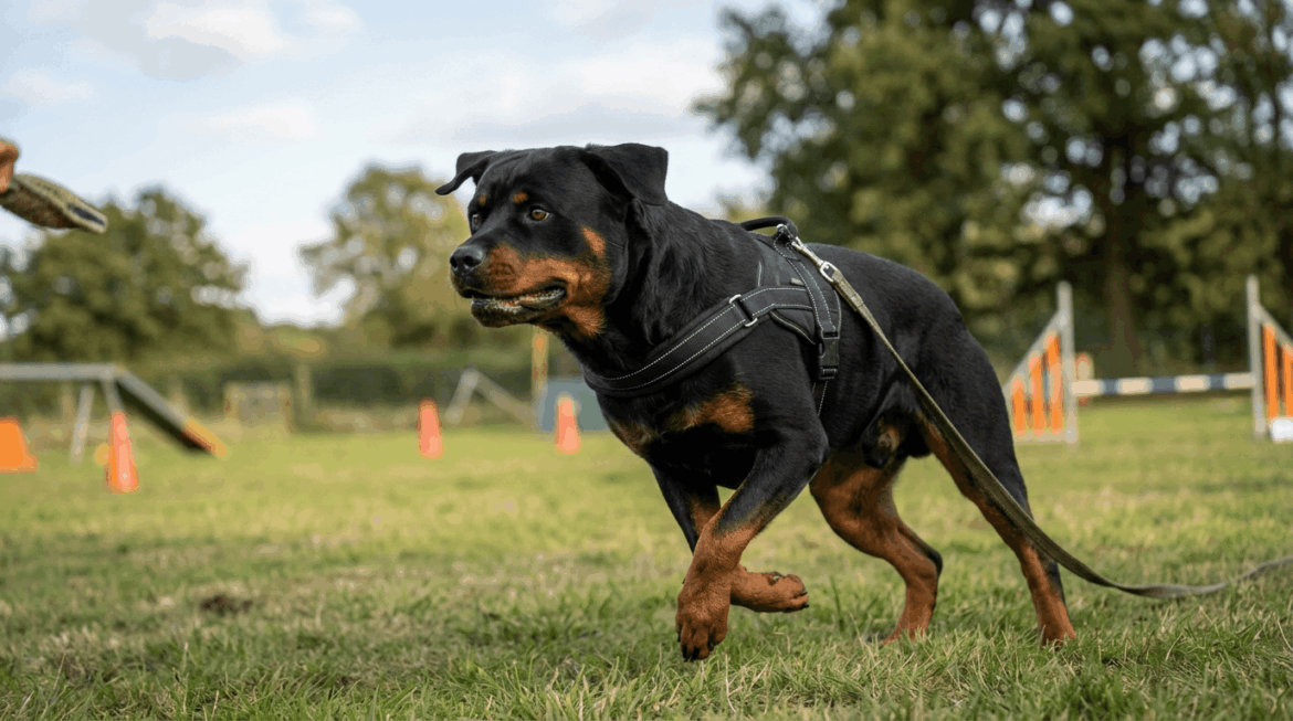 Rottweiler showing drive motivation and intense focus during training
