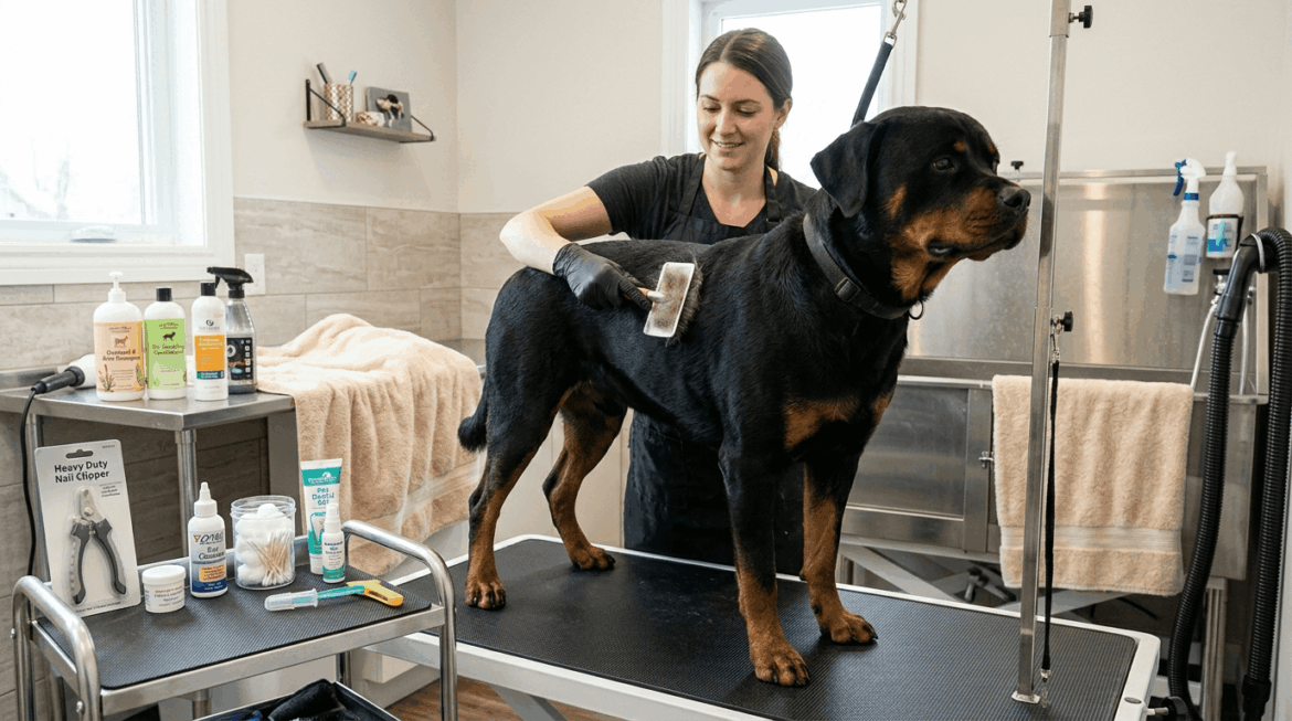 Rottweiler hygiene routine including grooming, bathing, and dental care