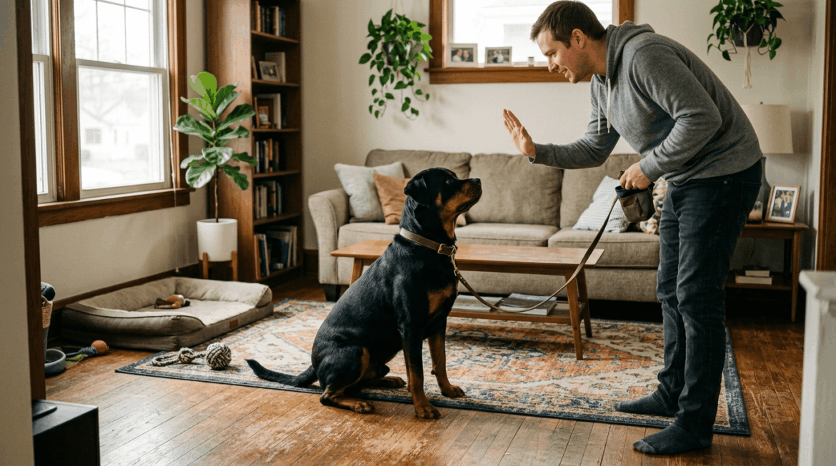 Rottweiler commands at home with owner training dog using hand signals indoors